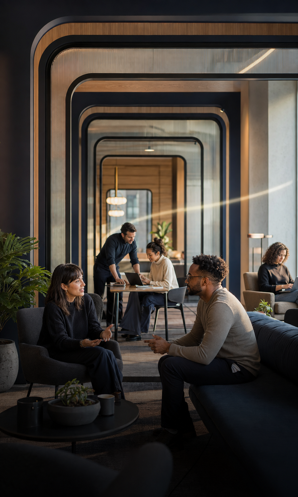 Professionals connecting in an evolving premium workspace