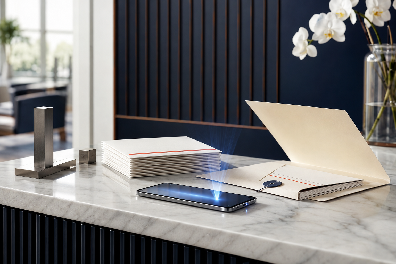 Premium editorial composition representing organized business mail, scanning, and forwarding