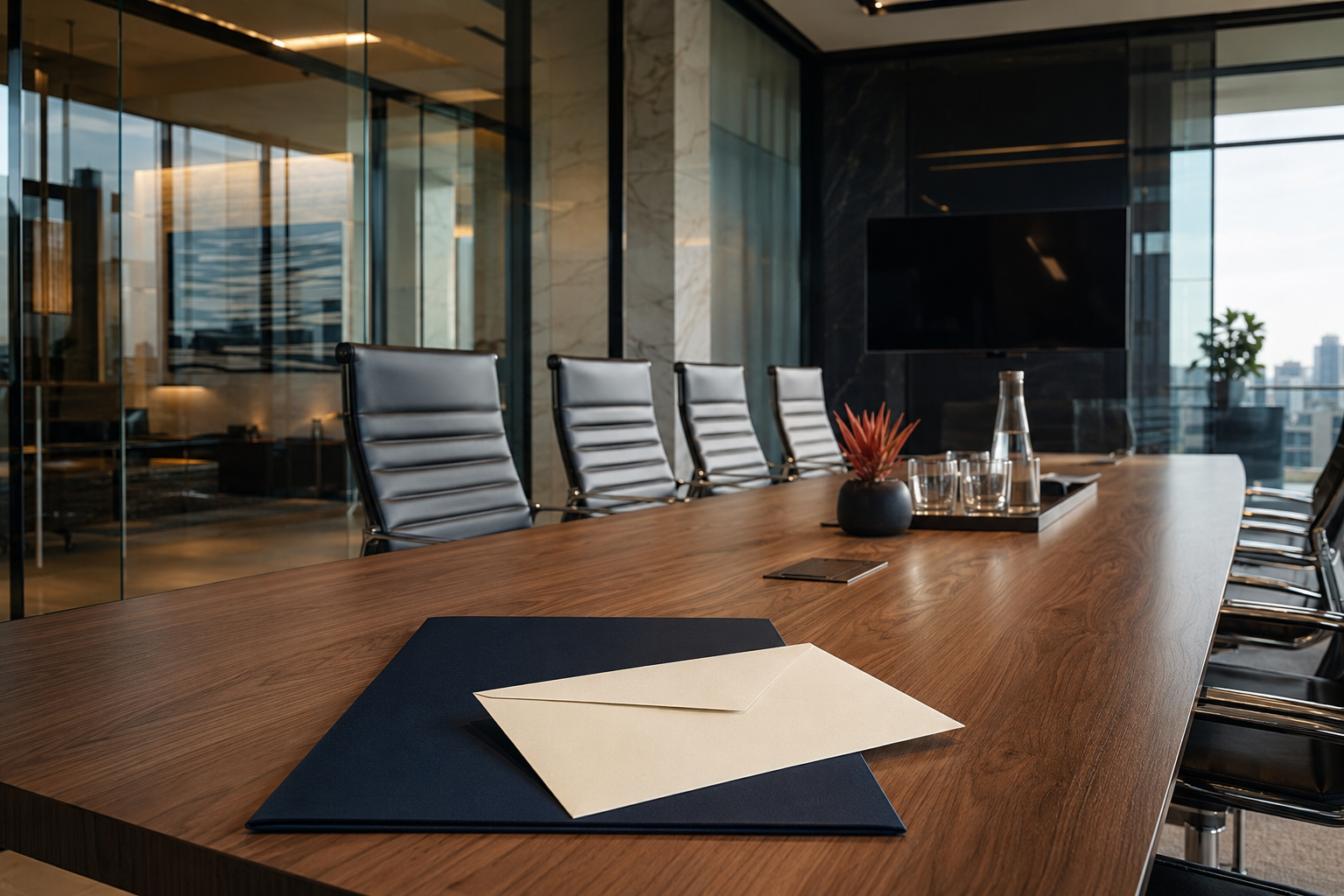 Client-ready modern boardroom with a professional business correspondence folder