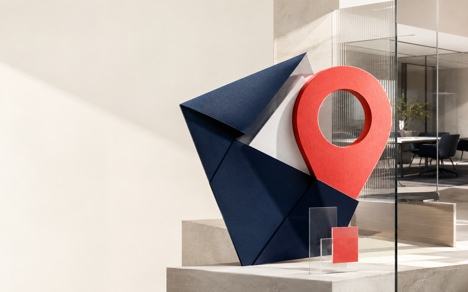 Editorial composition representing a professional business address, organized mail, and digital notifications